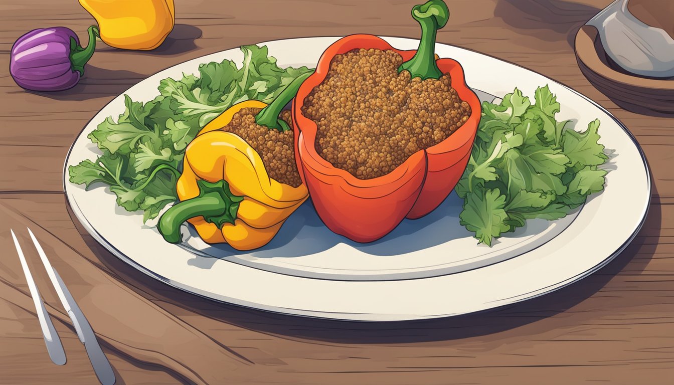 Colorful bell peppers stuffed with quinoa, vegetables, and herbs, served on a plate with a side of fresh salad