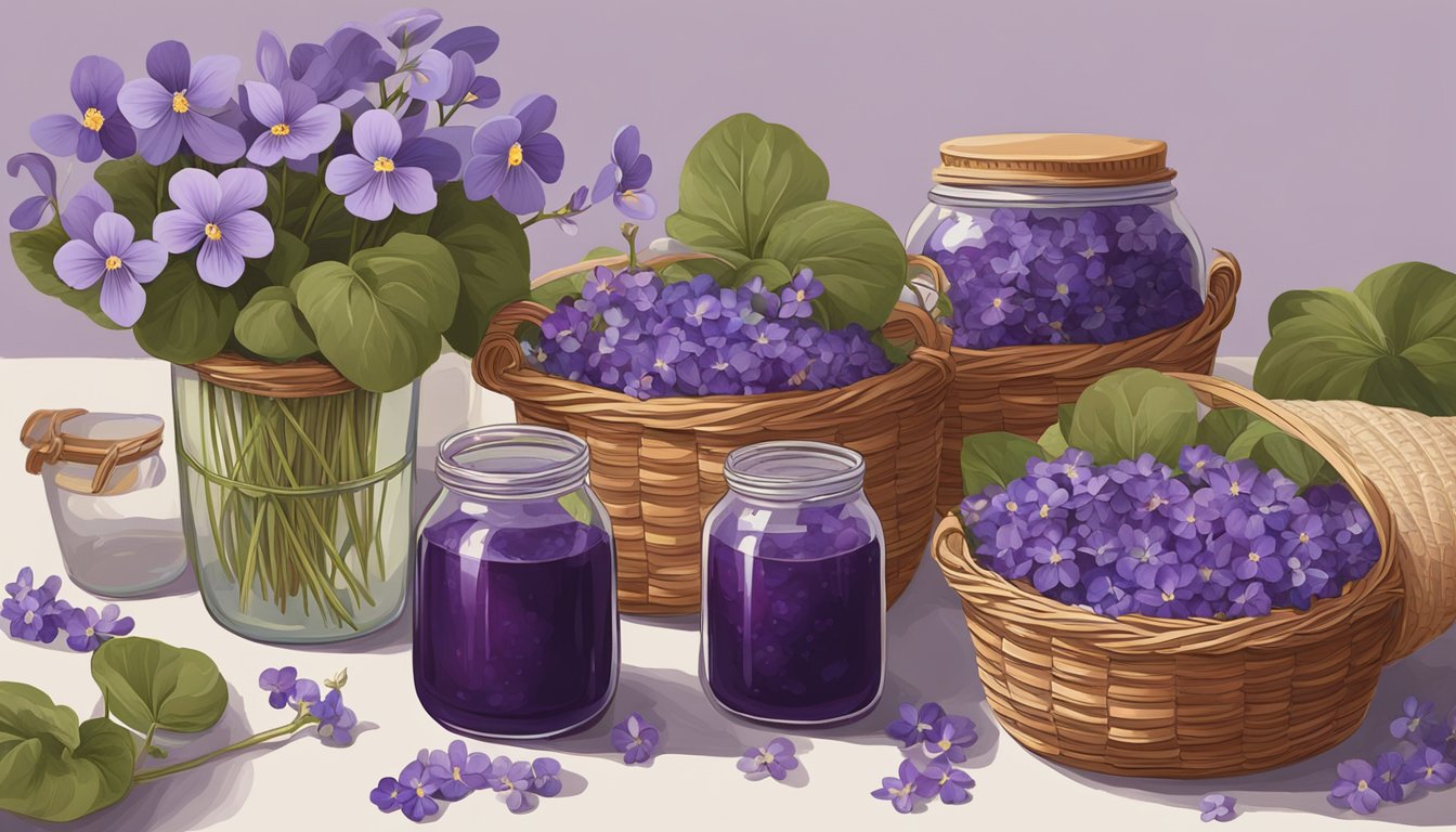 Wild violets being carefully plucked and placed in woven baskets, surrounded by jars of homemade violet preserves