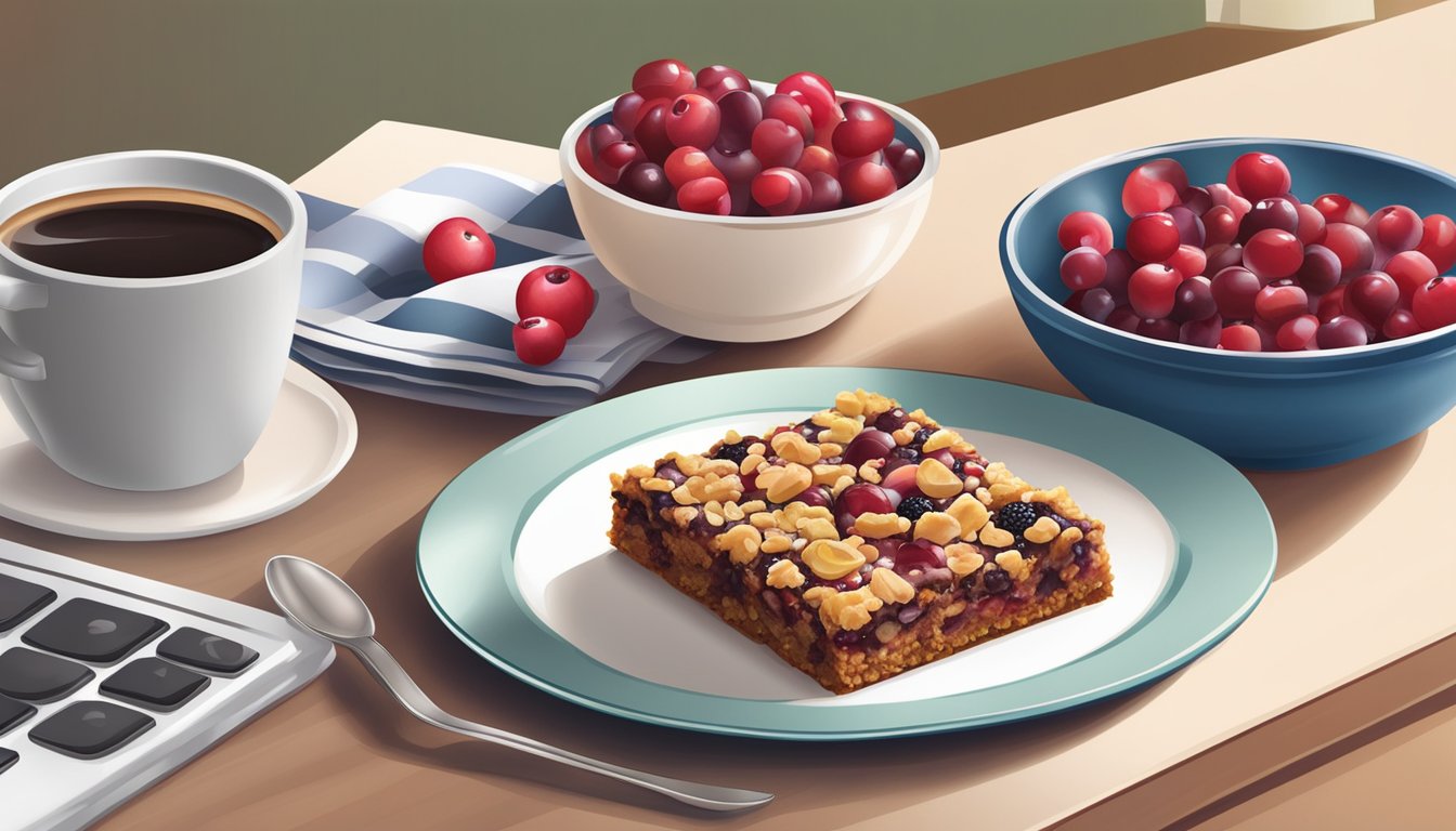 A kitchen counter with a plate of walnut and cranberry breakfast bars, a cup of coffee, and a bowl of fresh berries