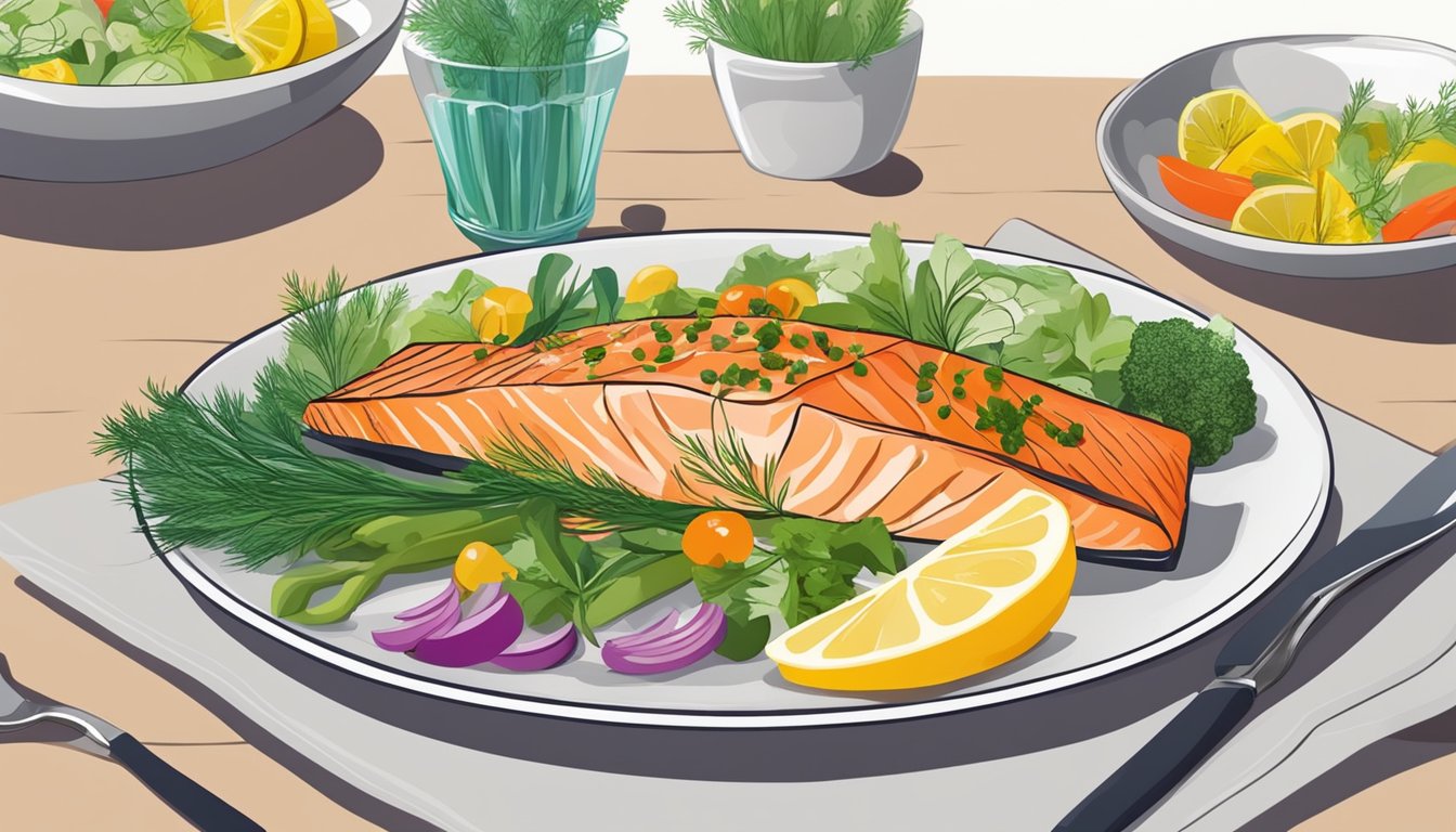 A plate of baked salmon with dill, accompanied by colorful vegetables and a sprinkle of herbs, sits on a stylish dining table