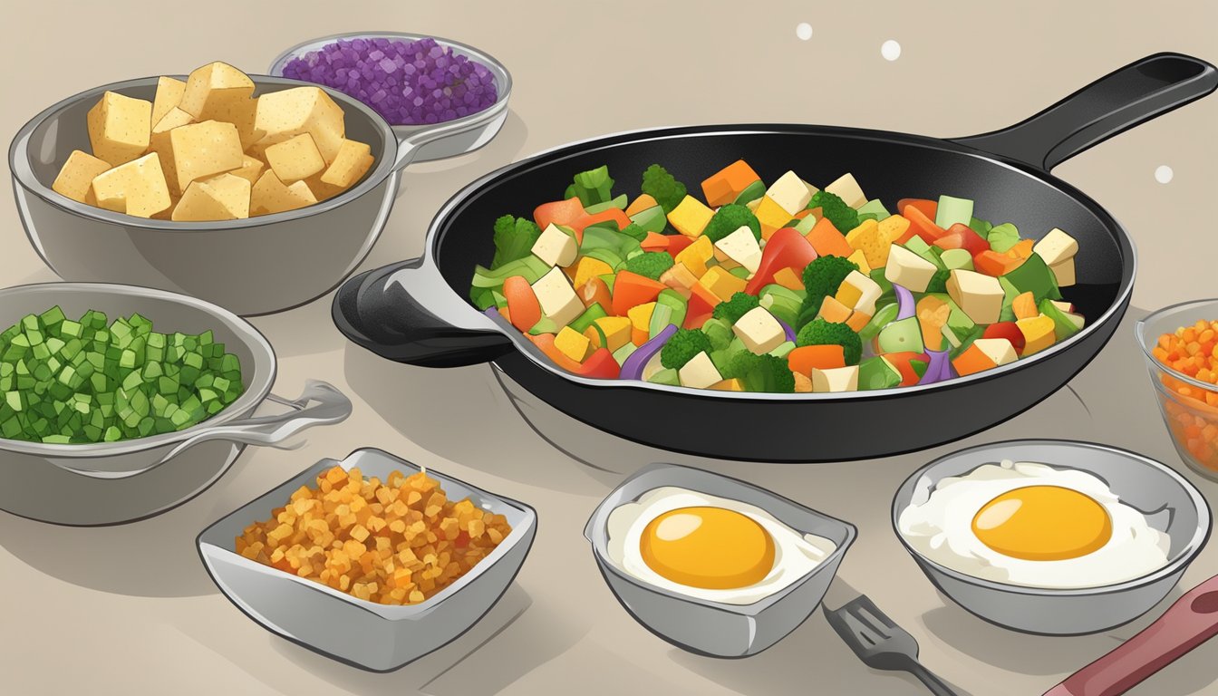 A colorful array of diced vegetables sizzling in a skillet, mixed with crumbled tofu, creating a mouthwatering low-carb breakfast option for diabetics