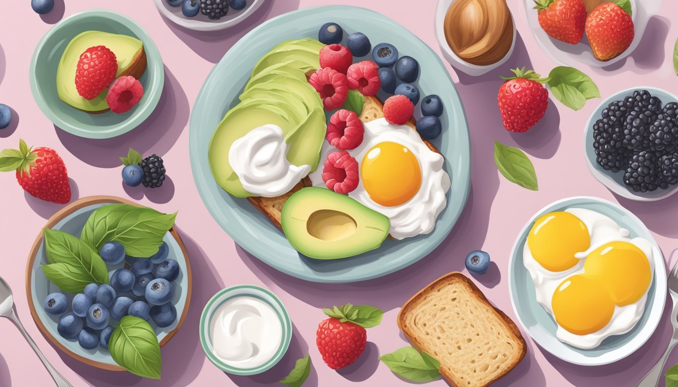 A table set with a colorful array of low carb breakfast foods: berries, yogurt, nuts, and avocado toast