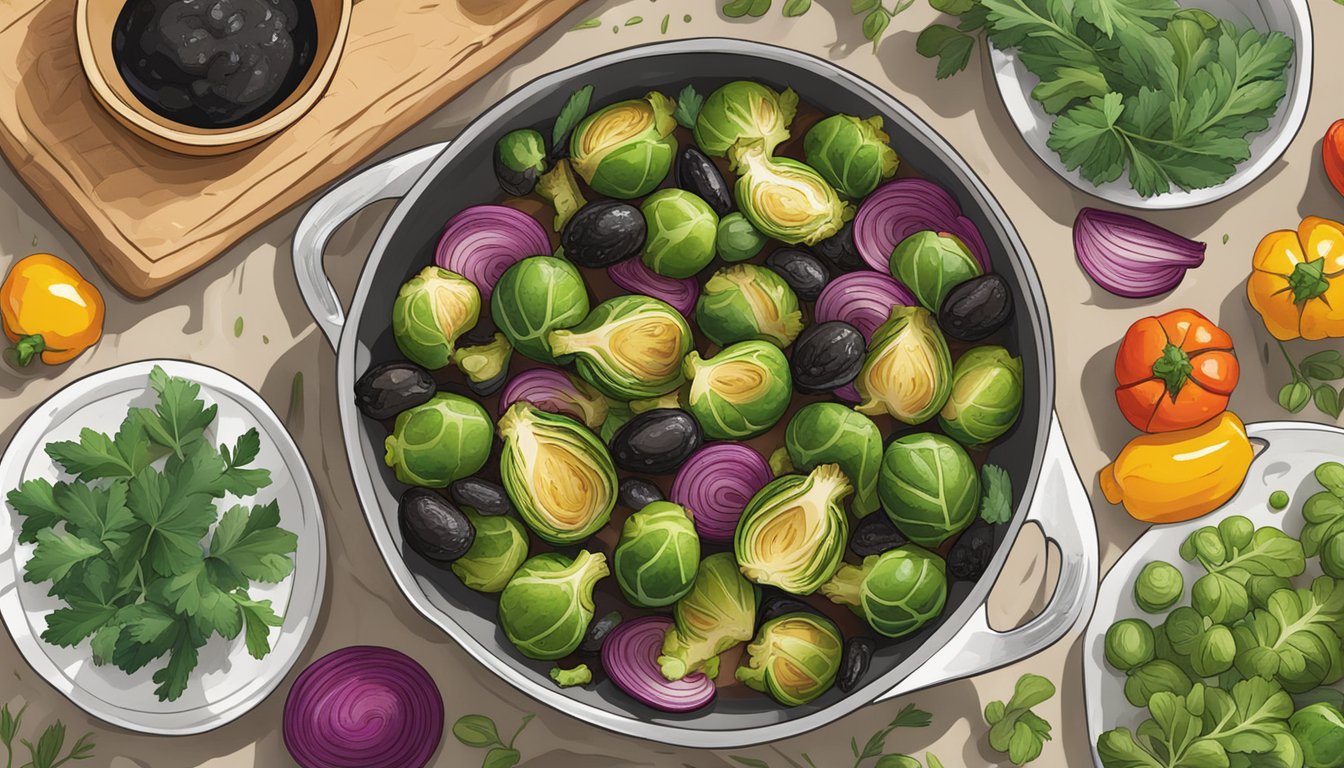 A sizzling pan of roasted Brussels sprouts glistening with balsamic glaze, surrounded by colorful vegetables and herbs