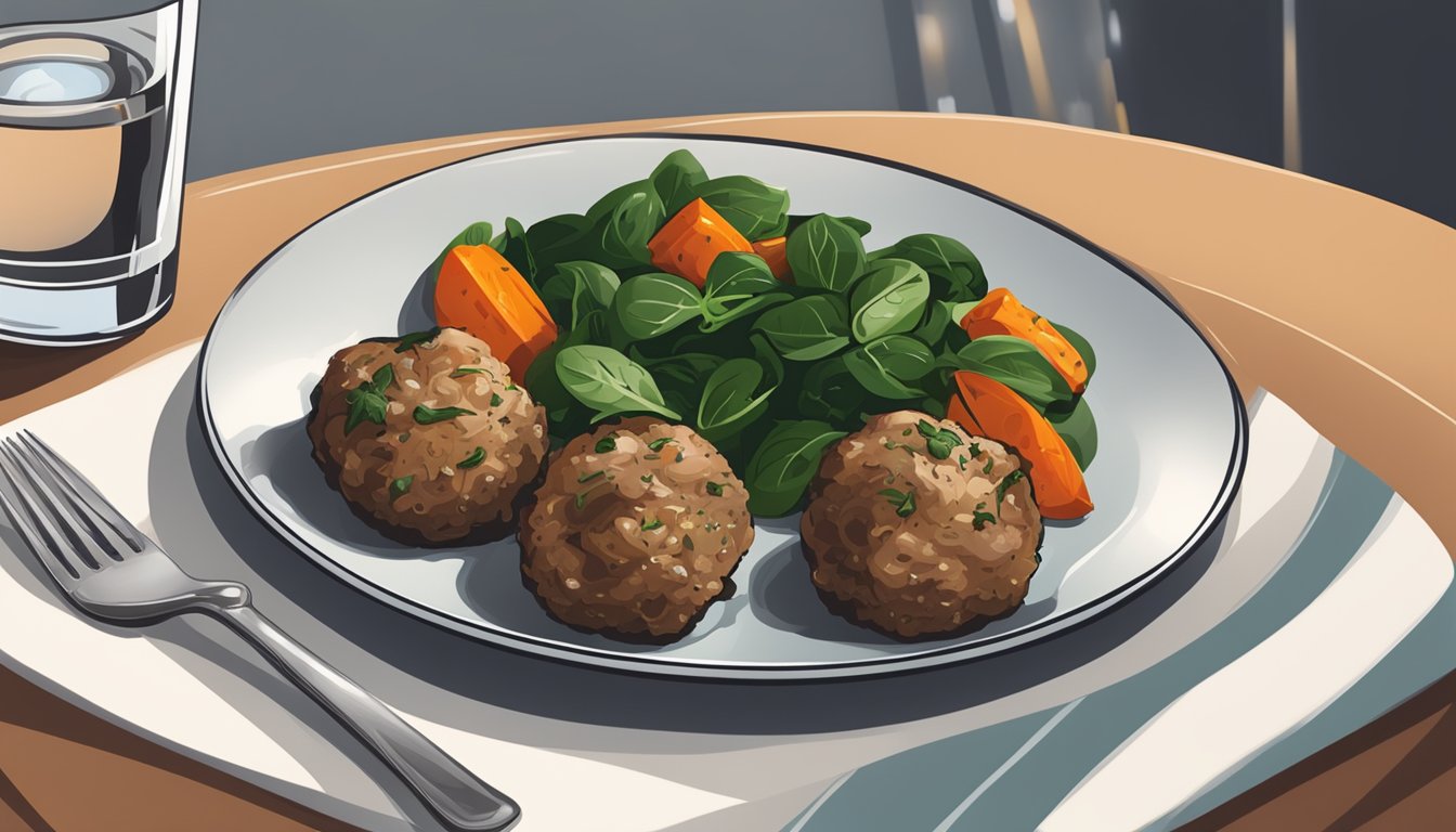 A plate of turkey and spinach meatballs with a side of roasted vegetables, set on a stylish dinner table with a glass of water