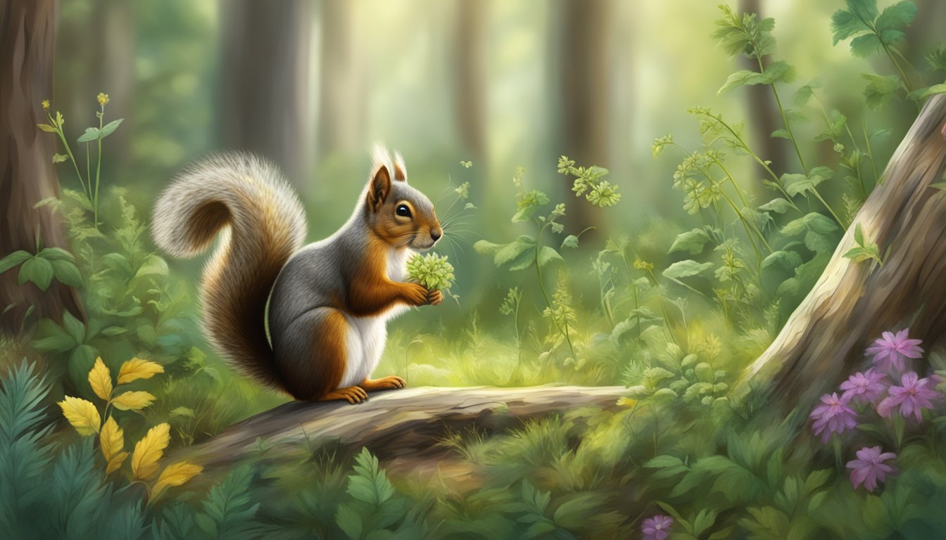 A squirrel gathering wild herbs in a lush forest clearing