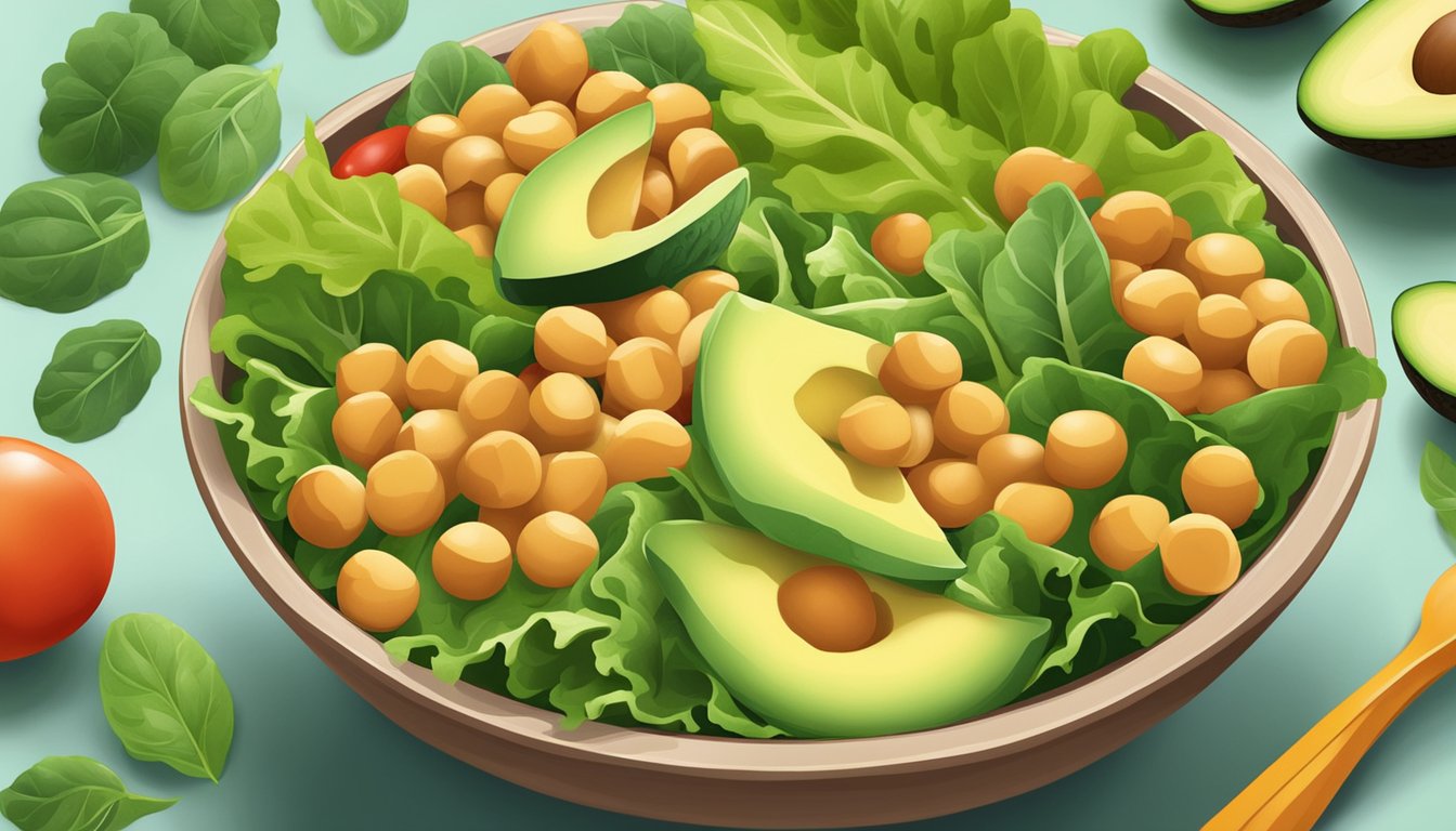 A colorful bowl filled with chickpeas, avocado slices, and fresh vegetables, surrounded by vibrant green lettuce leaves