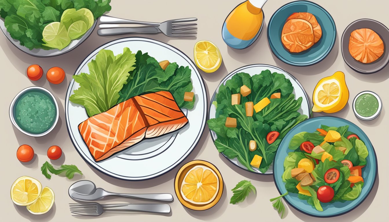 A colorful dinner plate with a variety of healthy, diabetes-friendly foods, such as grilled salmon, steamed vegetables, and a leafy green salad