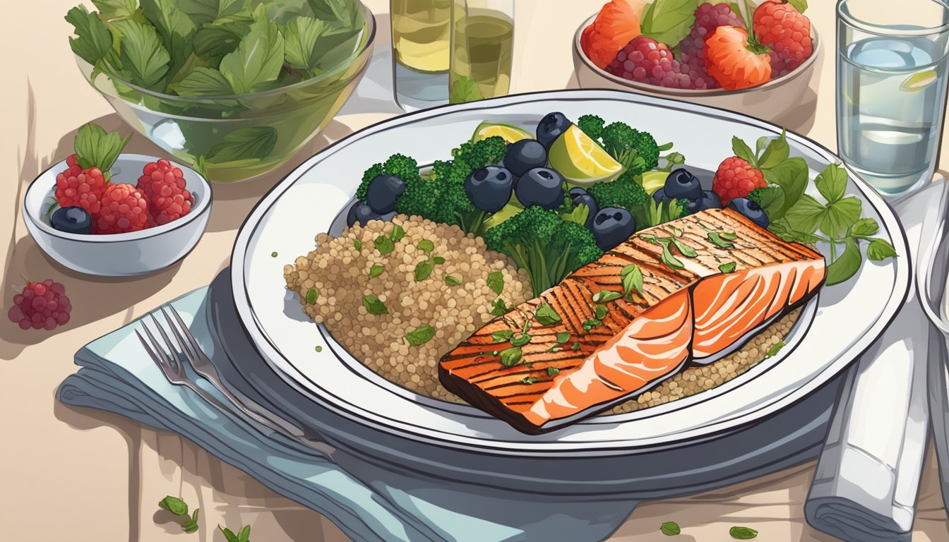 A colorful plate with grilled salmon, steamed vegetables, and a side of quinoa. A glass of water and a bowl of fresh berries complete the meal