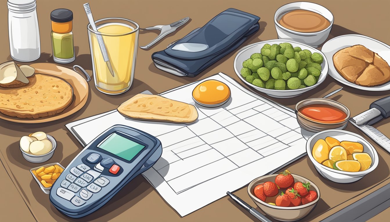 A table with various food items, a blood sugar monitor, and a quiz sheet on a clipboard