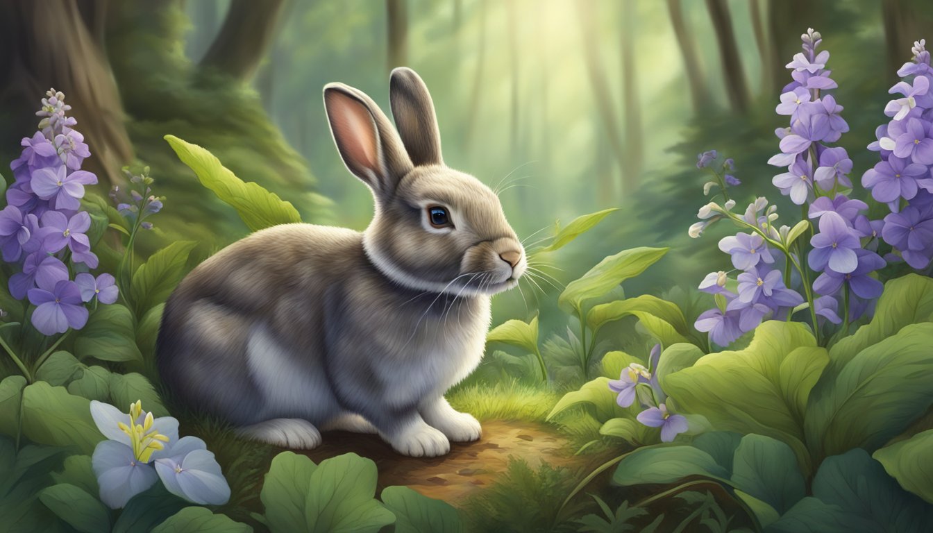 A rabbit nibbles on wild violets in a lush forest clearing, surrounded by diverse plant life and small animals