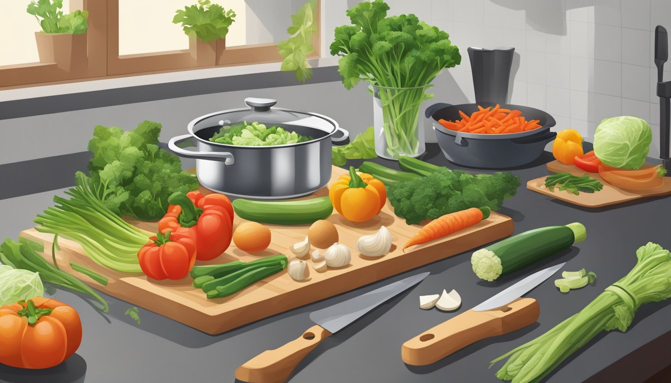 A variety of fresh vegetables being chopped and prepared on a cutting board, while a pot simmers on the stove