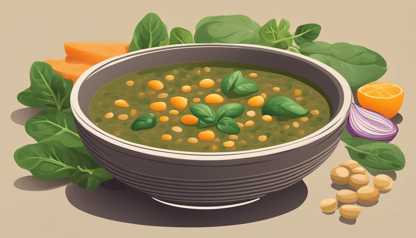 A bowl of lentil soup with spinach surrounded by fresh ingredients and a warm, inviting atmosphere