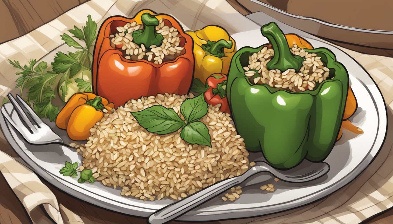 A colorful plate with stuffed bell peppers, brown rice, and fresh herbs. A fork rests beside the dish