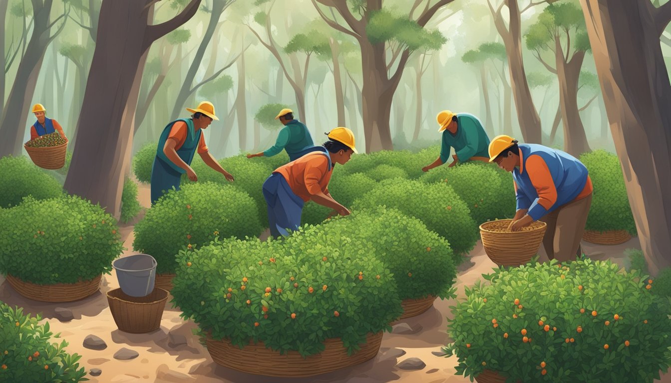 A group of workers foraging and harvesting wild yaupon holly in a dense forest, with baskets filled with the small, glossy leaves