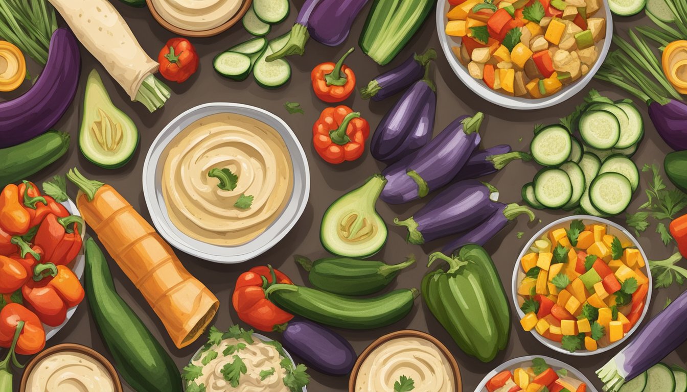 A colorful array of roasted vegetables, including bell peppers, zucchini, and eggplant, neatly arranged alongside a bowl of creamy hummus, all wrapped up in a soft, whole grain tortilla