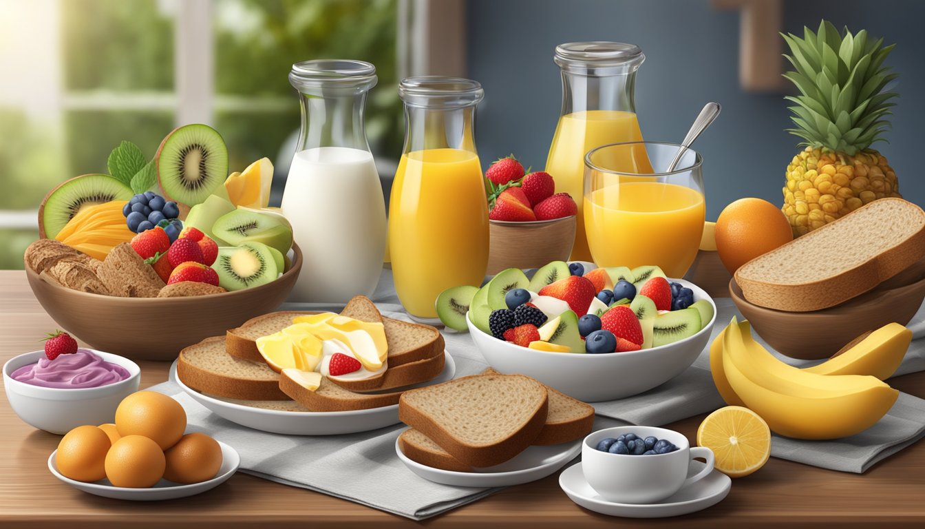 A breakfast table with a variety of colorful and healthy foods, such as fruits, whole grain bread, eggs, and yogurt, all arranged in an inviting and appetizing display