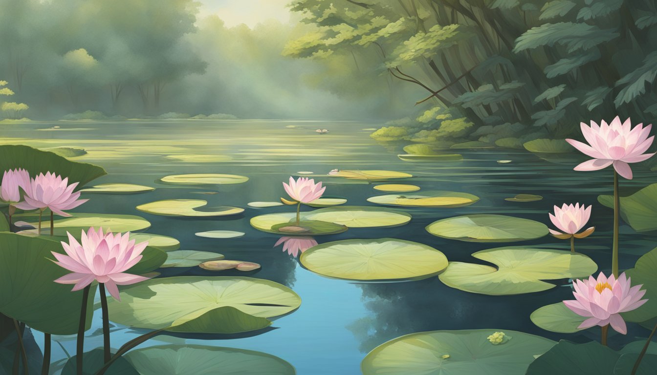 A serene pond with blooming water lilies, their roots being carefully gathered by a forager