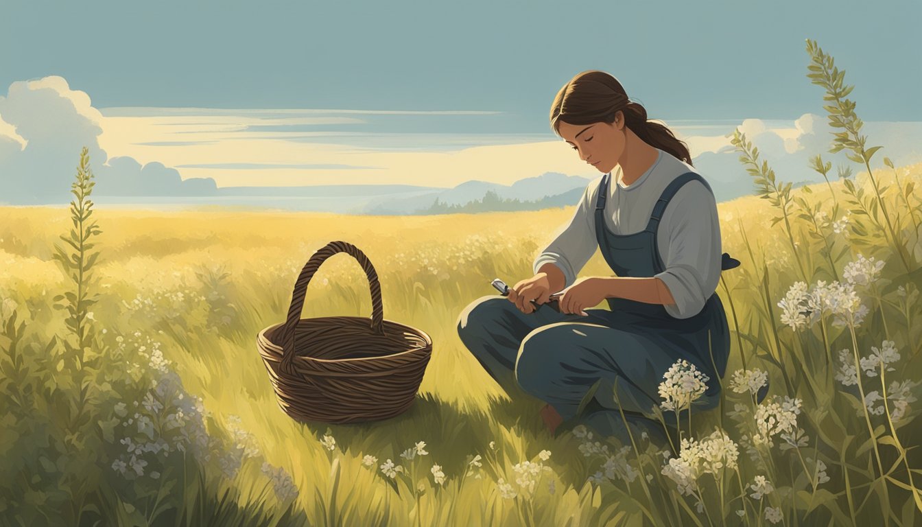 A figure kneels in a sunlit meadow, carefully gathering wild licorice plants with a small knife and a woven basket at their side