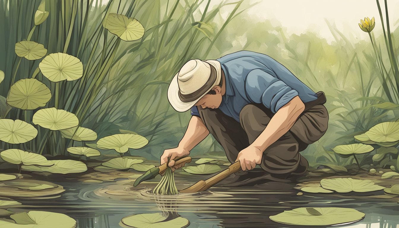 A figure gently digs up wild water lily roots from a shallow pond, using a small hand tool to carefully extract the tubers from the muddy bottom