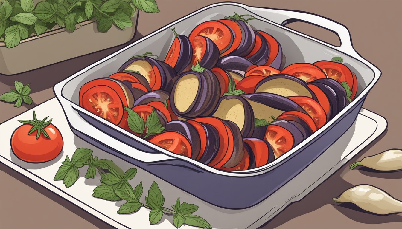 Sliced eggplant and tomatoes arranged in a baking dish, sprinkled with herbs and ready to be baked