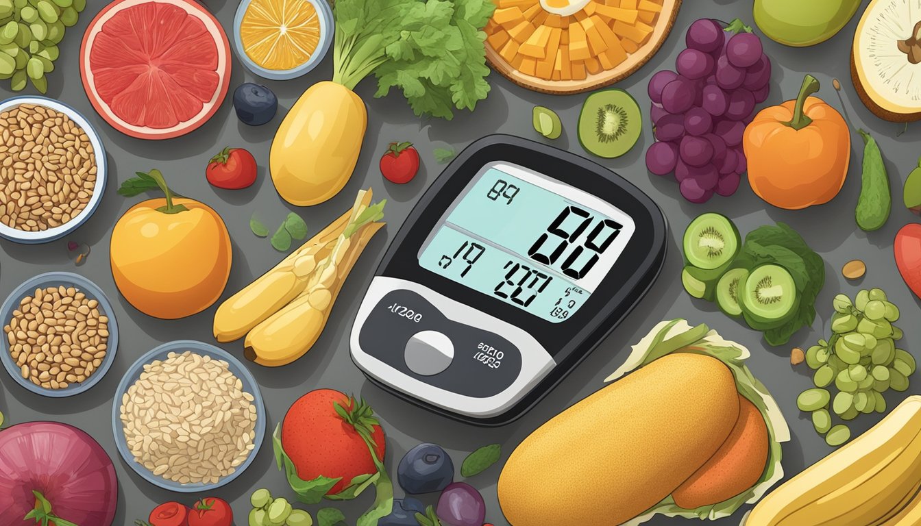 A colorful array of fruits, vegetables, whole grains, and lean proteins arranged on a table, with a measuring tape and blood sugar monitor nearby