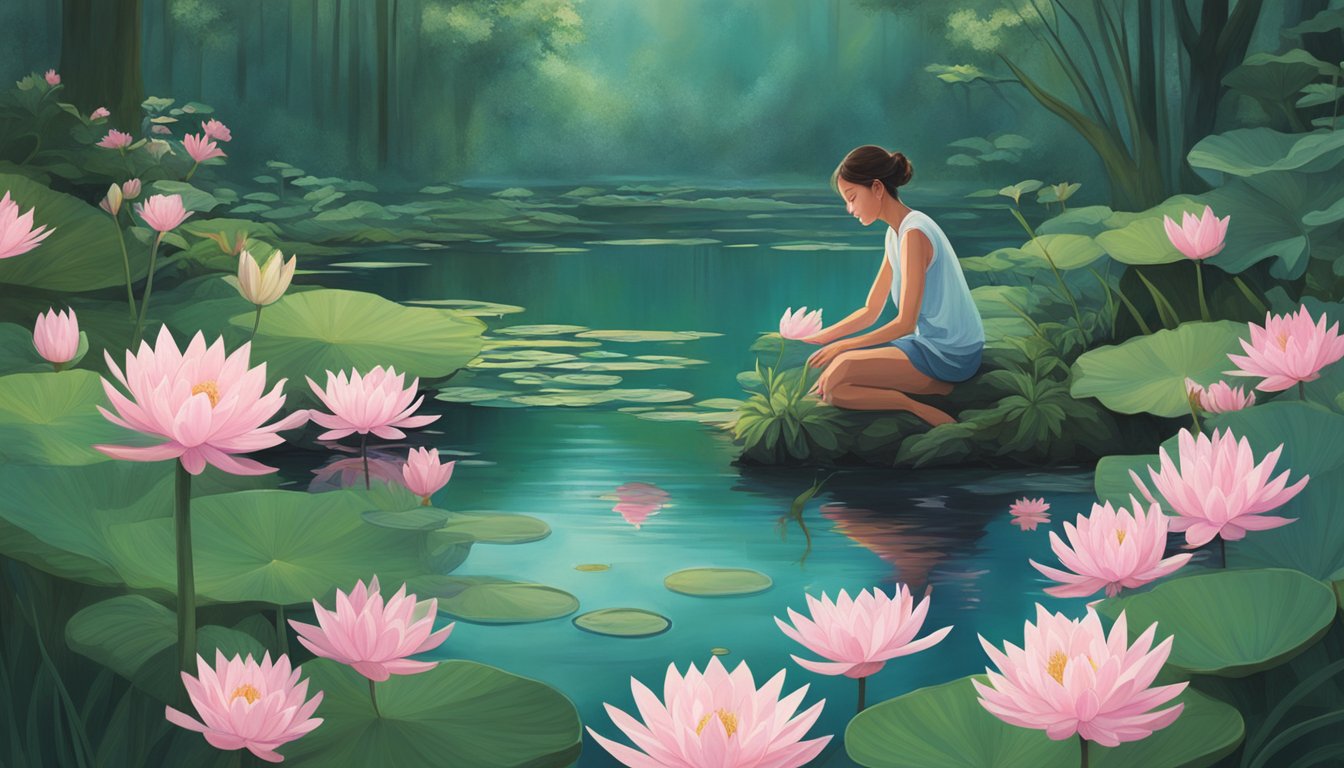 A figure gathers wild water lily roots from a shallow, tranquil pond surrounded by lush green foliage and delicate pink blooms