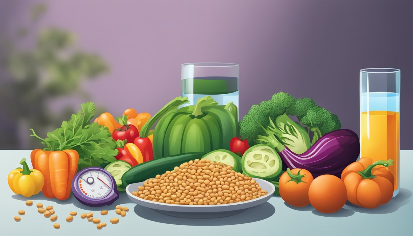 A colorful array of fresh vegetables, whole grains, and legumes arranged on a vibrant plate, with a glass of water and a blood glucose monitor nearby