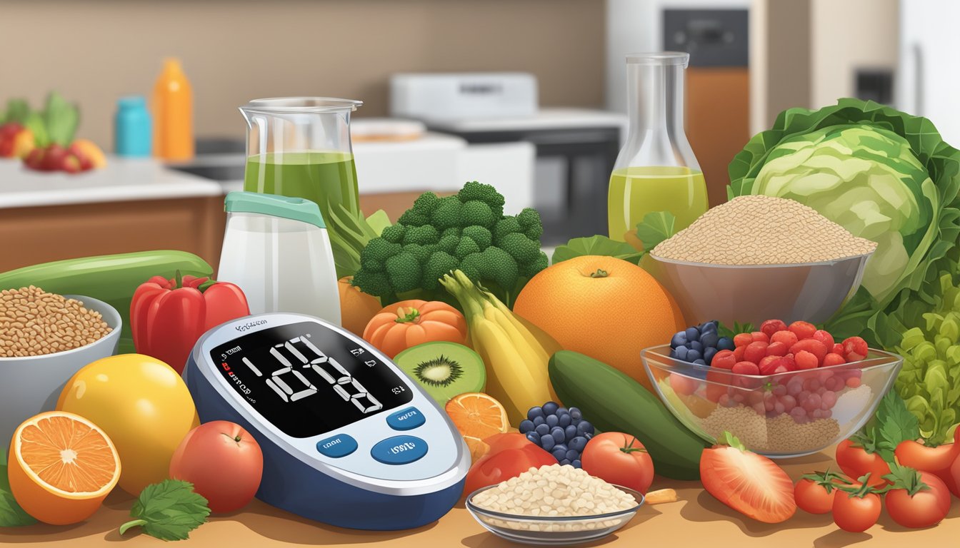 A colorful array of fresh fruits, vegetables, whole grains, and lean proteins arranged on a kitchen counter, with a measuring cup and blood glucose monitor nearby