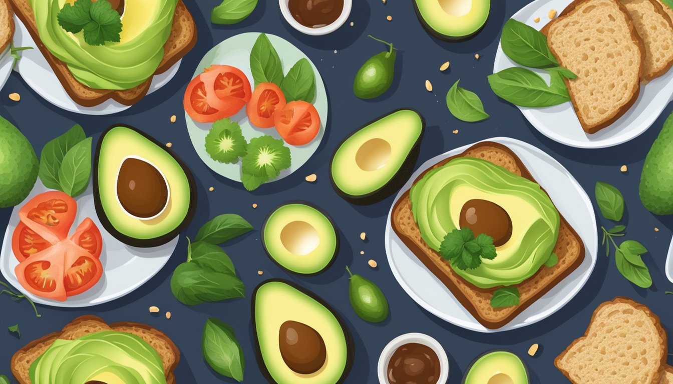 A plate of avocado toast on whole grain bread surrounded by fresh ingredients