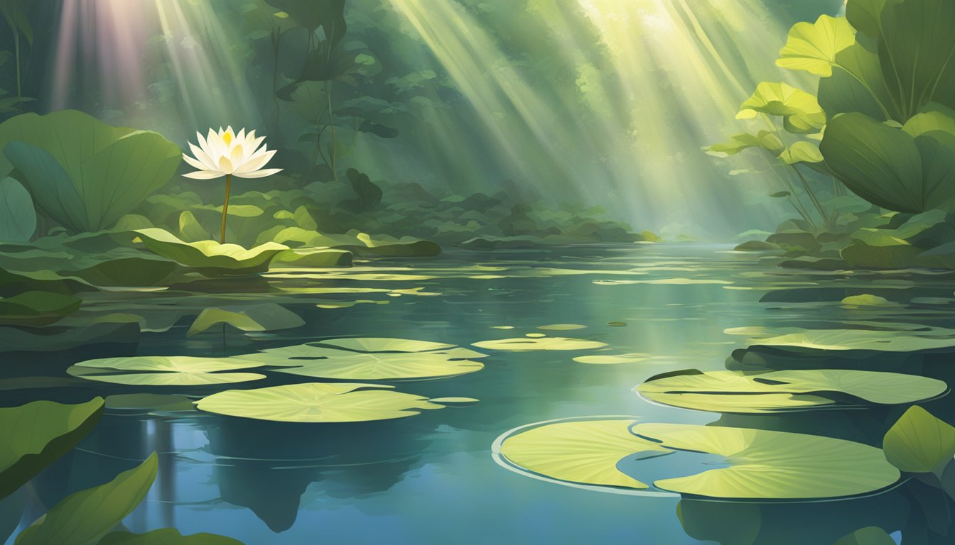 Sunlight filters through dense foliage onto a tranquil pond, where water lilies bloom and their roots extend into the clear water