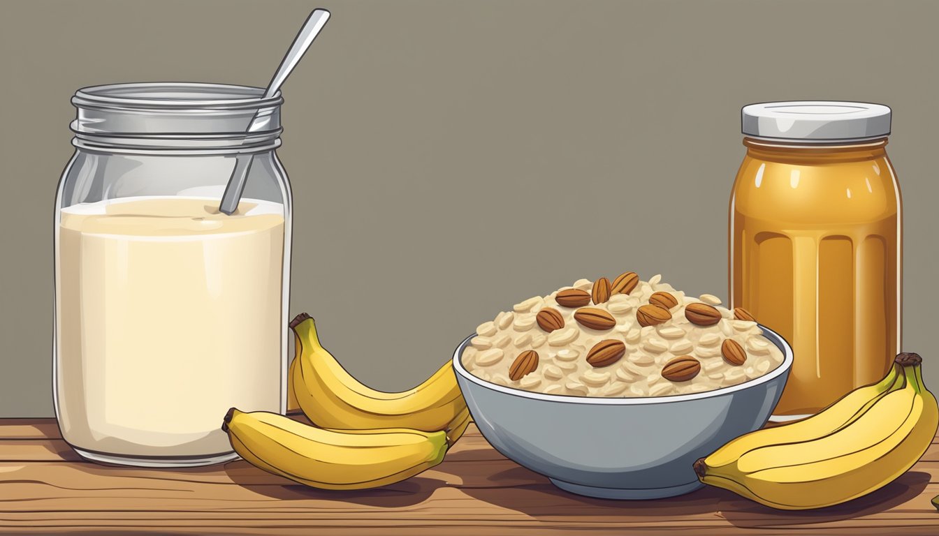 A bowl of oatmeal topped with sliced bananas and walnuts sits on a wooden table, surrounded by a jar of honey and a glass of almond milk