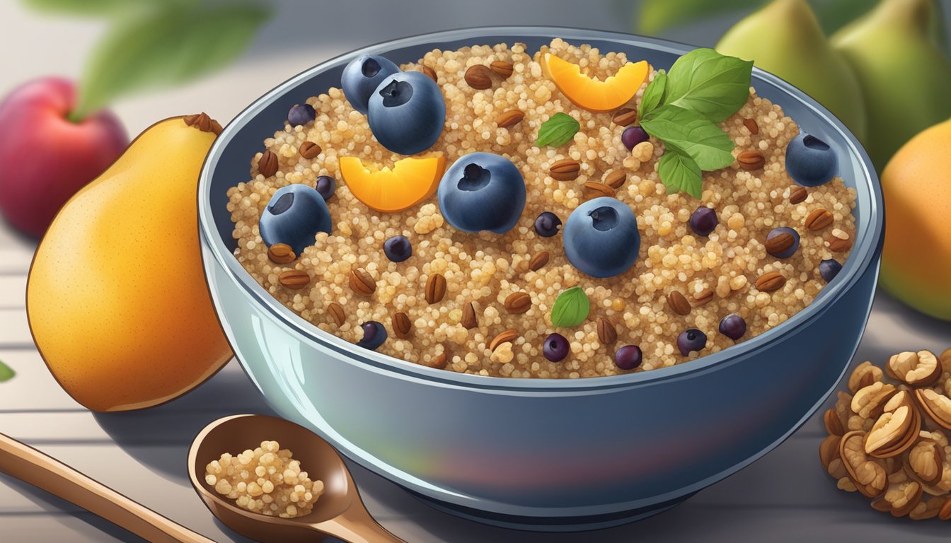 A colorful bowl filled with quinoa, walnuts, and fresh fruit, sitting on a table with a spoon and a glass of water