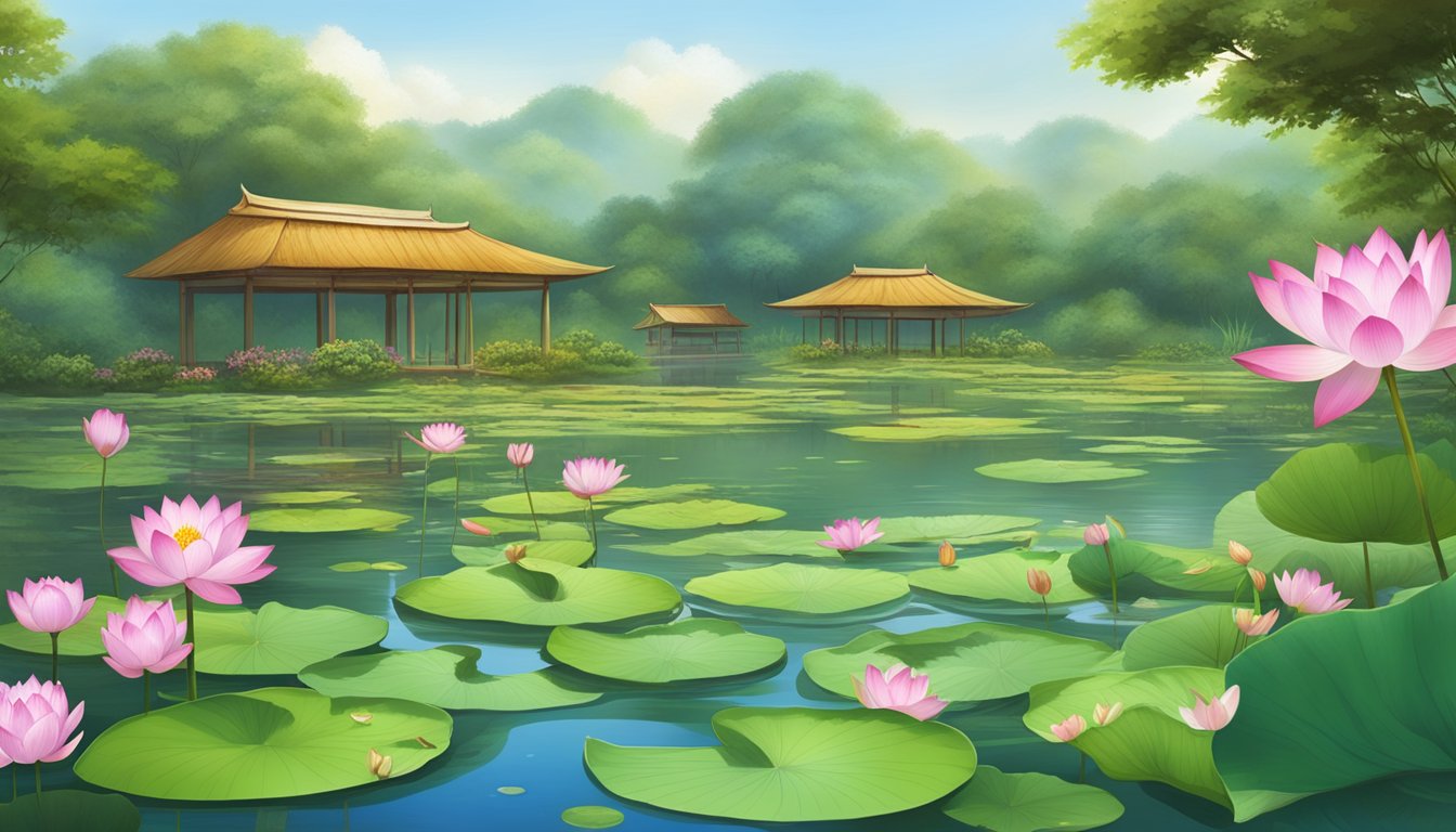 A serene pond with blooming lotus flowers surrounded by lush green foliage and a variety of wildlife foraging and harvesting the wild lotus