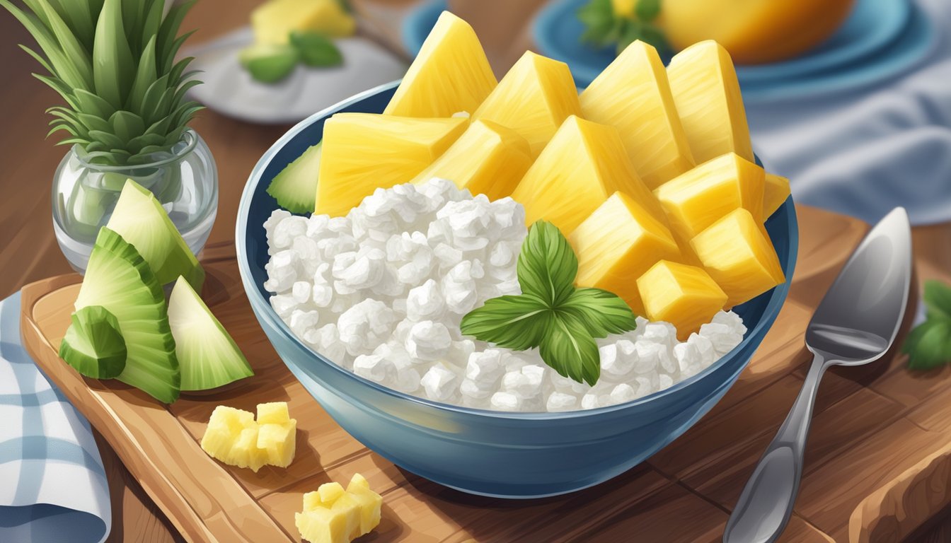 A bowl of cottage cheese topped with pineapple chunks on a wooden table, surrounded by fresh fruits and a glass of water