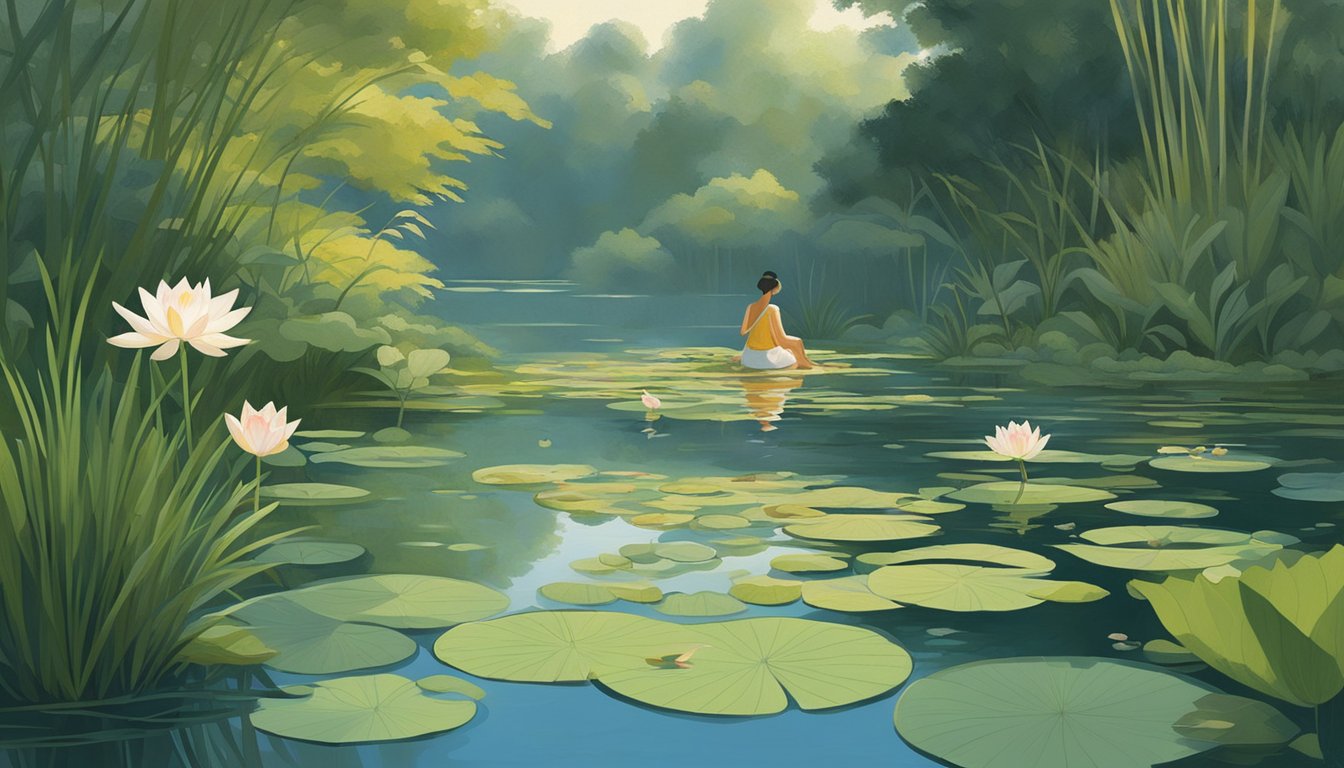 A figure crouches at the edge of a tranquil pond, carefully plucking wild lotus flowers and gathering their delicate petals and leaves. The surrounding landscape is lush and vibrant, with tall reeds and lily pads dotting the water's surface