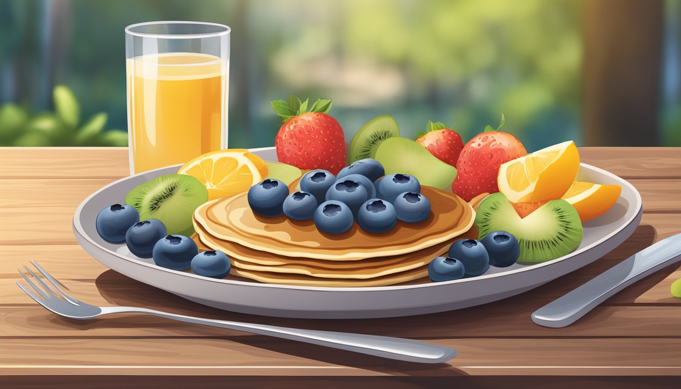 A plate of whole grain pancakes topped with blueberries and a side of fresh fruit on a wooden table