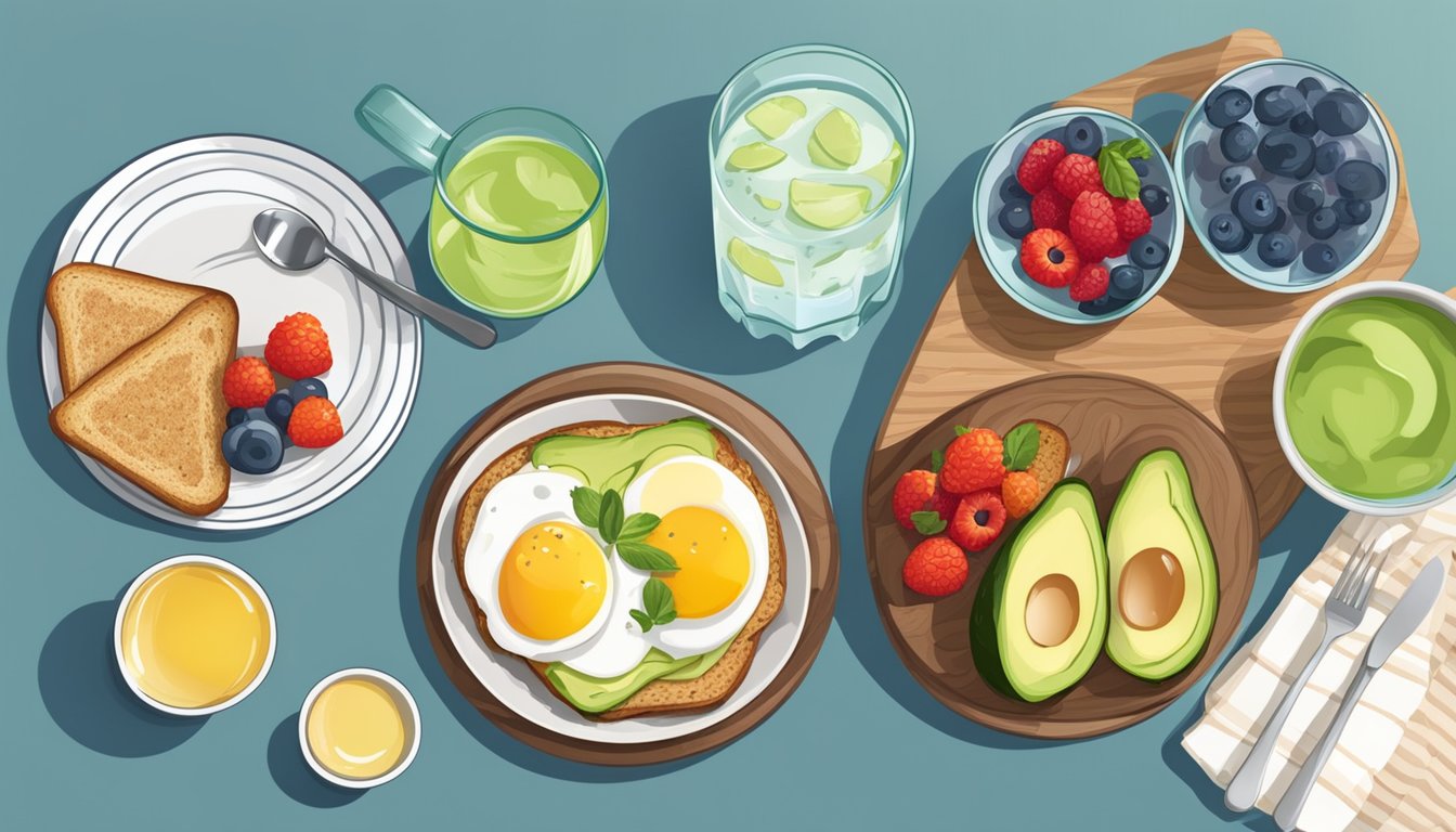 A table set with a balanced breakfast: whole grain toast, avocado, eggs, berries, and a glass of water. A diabetes-friendly meal prep