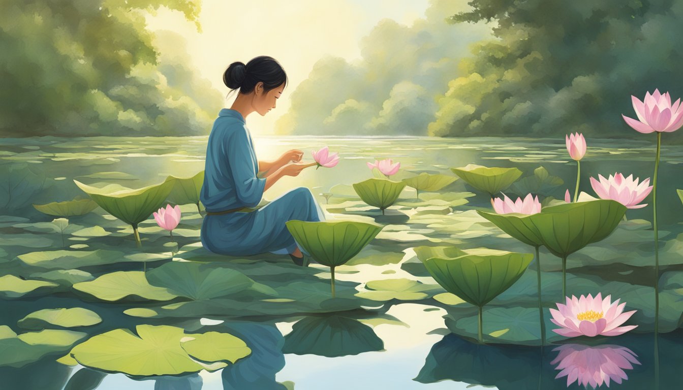 A figure gently plucks wild lotus flowers from a serene, sun-dappled pond