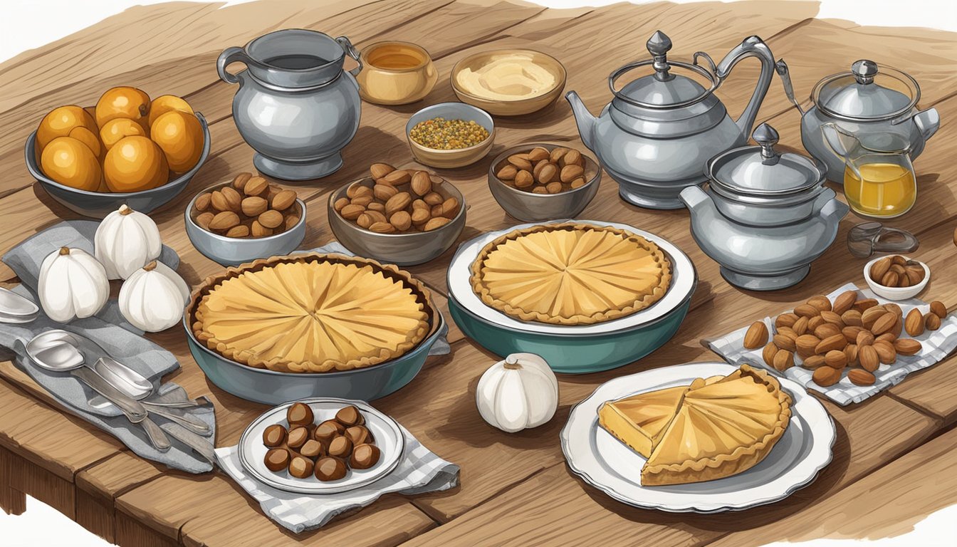 A table set with vintage cookware and ingredients for Nesselrode Pie, including chestnuts, candied fruit, and a pie crust