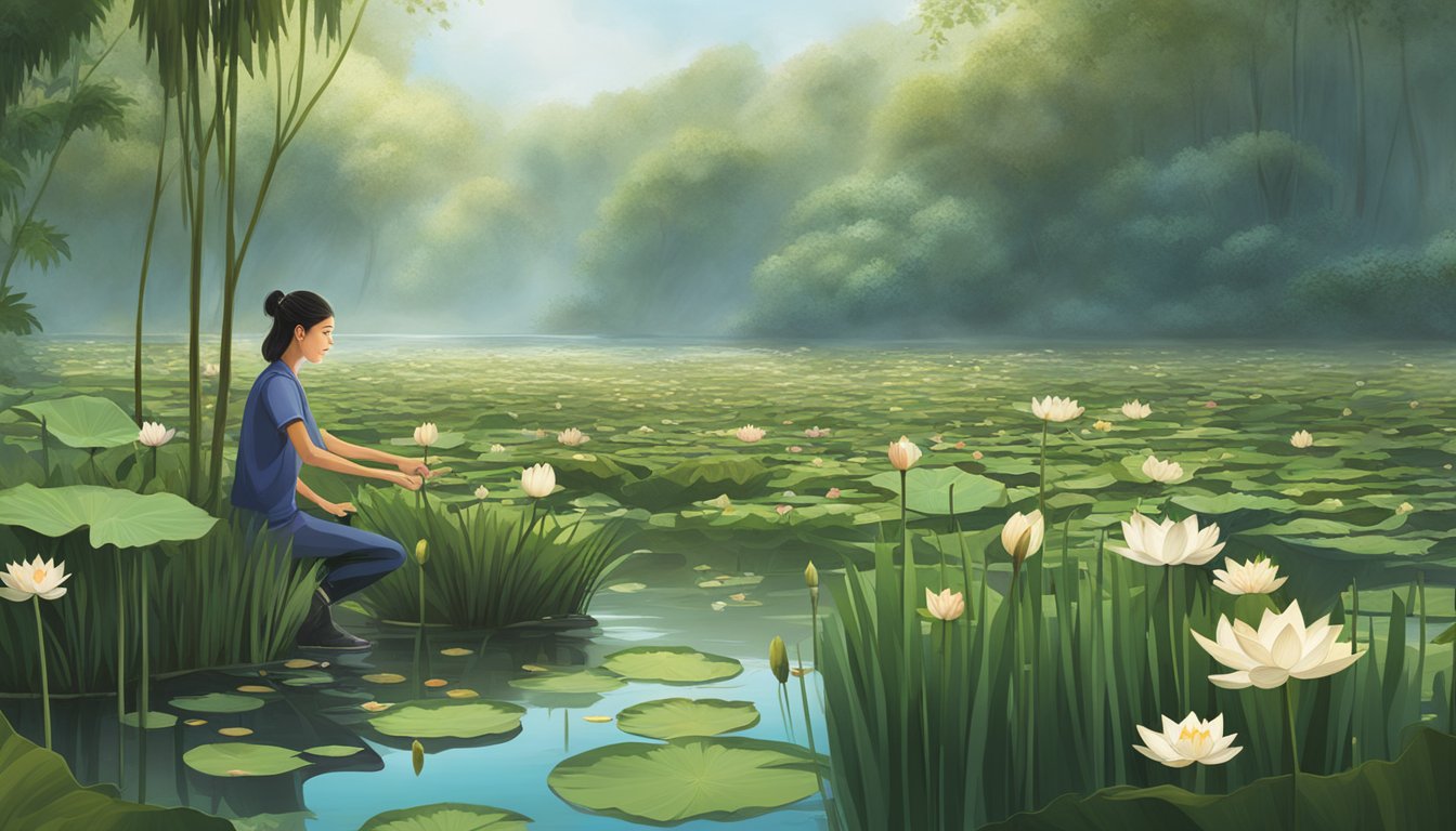 A person gathering lotus plants and seeds from a lush, marshy environment, surrounded by tall reeds and water lilies