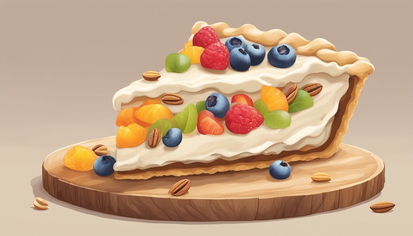 A rustic kitchen counter displays a sliced Nesselrode pie with a creamy filling, topped with colorful candied fruit and nuts