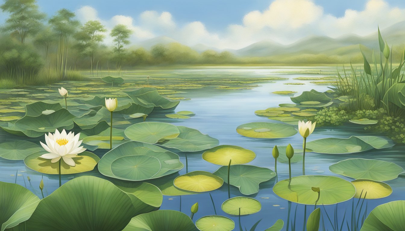 Wild lotus being harvested in a serene marshland, surrounded by lush greenery and delicate water lilies