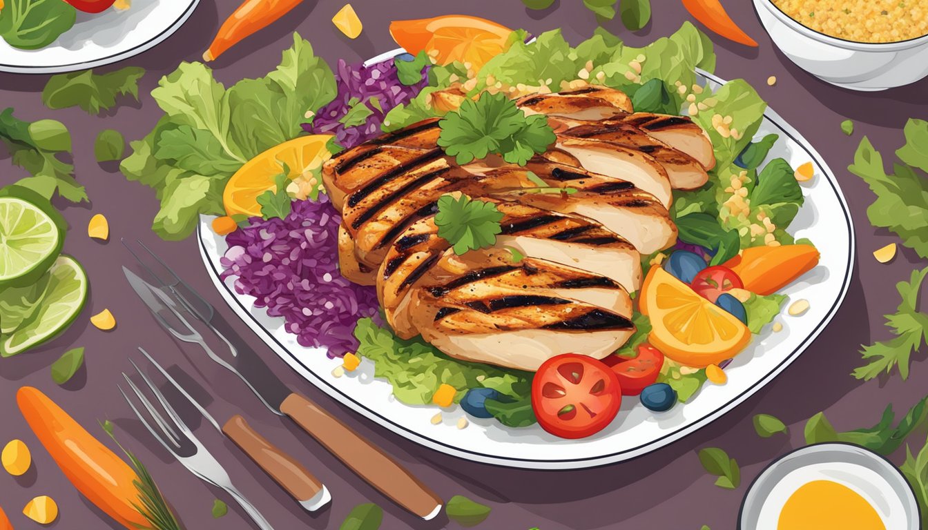 A colorful plate with grilled chicken, quinoa, and fresh vegetables arranged in a vibrant and appetizing salad