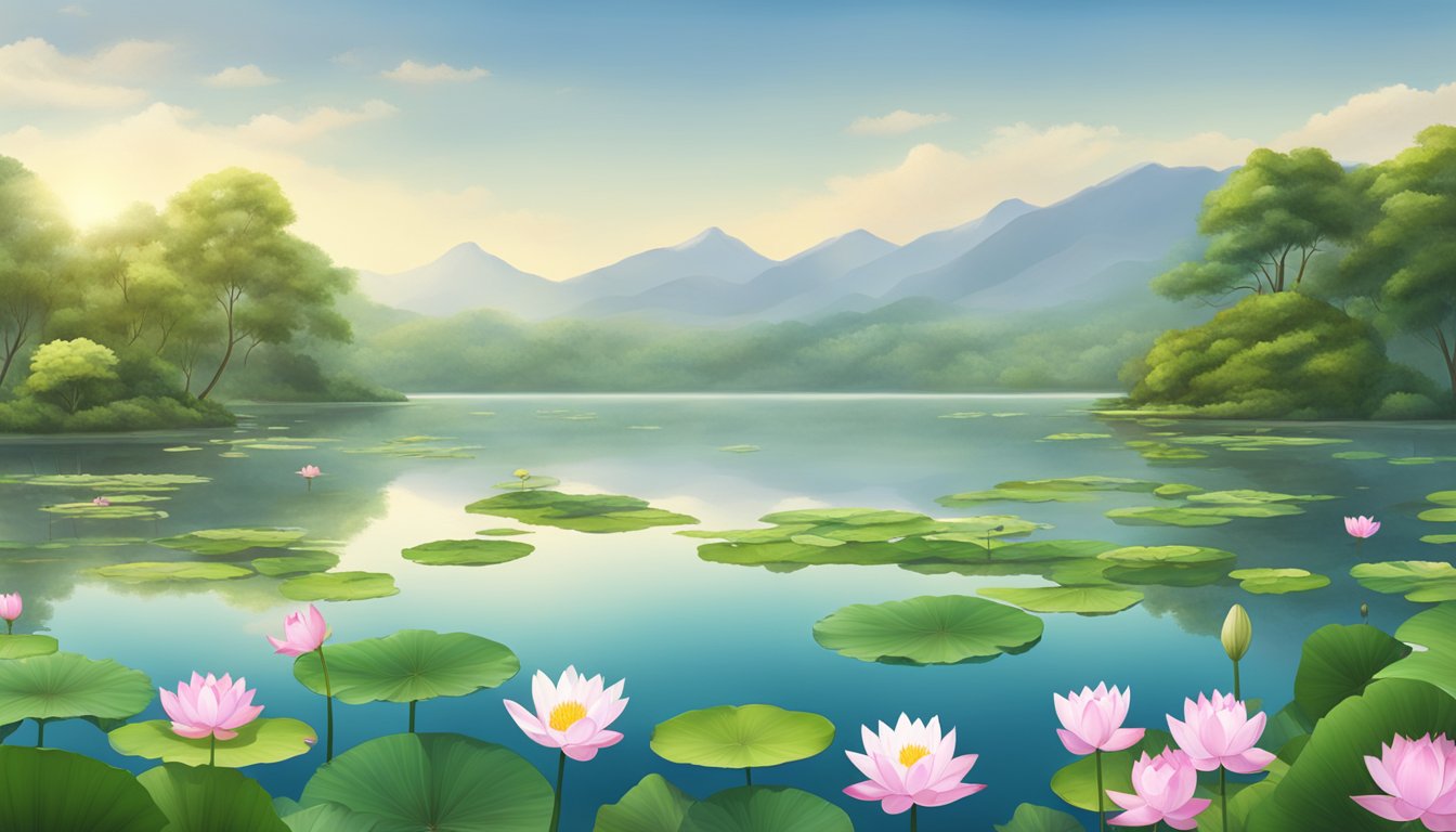 A serene lake with blooming lotus flowers surrounded by lush green foliage