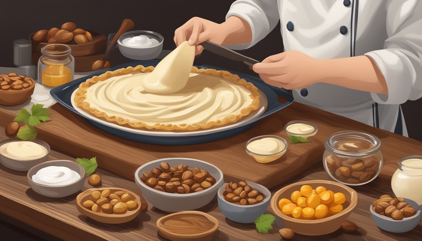 A chef prepares ingredients for Nesselrode pie: chestnuts, candied fruit, and cream, laid out on a wooden table