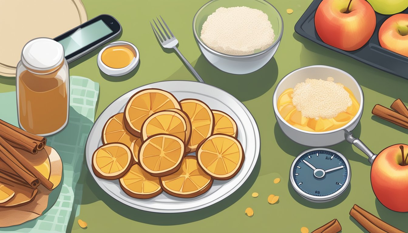 A plate of cinnamon-spiced apple slices sits next to a diabetes food hub logo, with a breakfast spread and a balanced blood sugar meter nearby