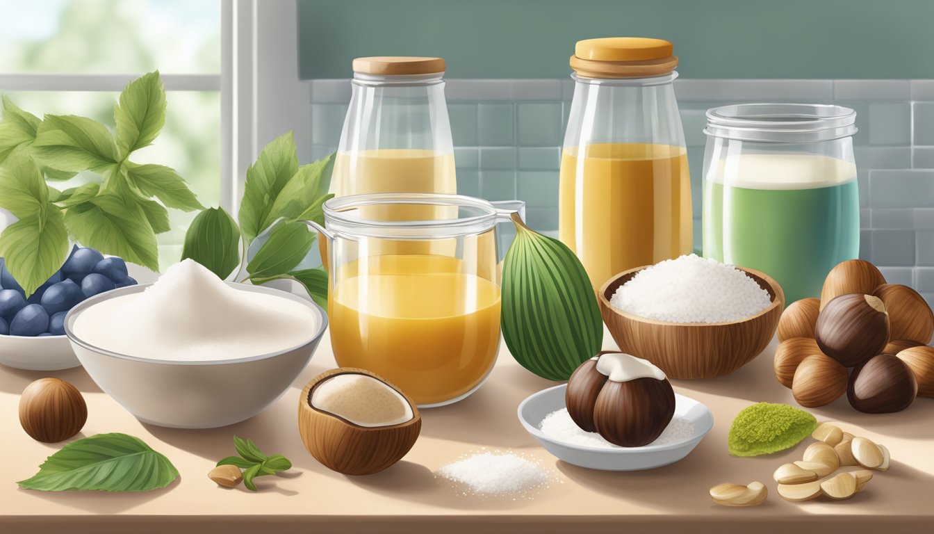 A colorful array of plant-based ingredients like chestnuts, coconut milk, and agar-agar arranged on a kitchen counter