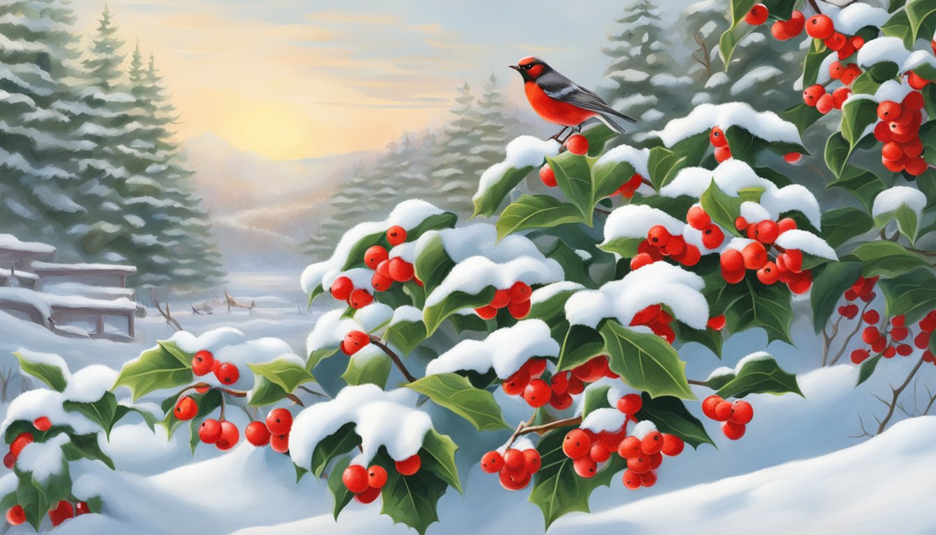 Winterberry holly bushes stand against a snowy landscape, their bright red berries contrasting with the white snow. Birds forage and harvest the berries, adding a touch of life to the winter scene