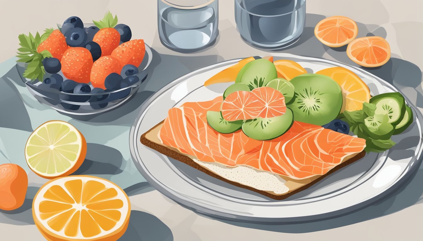 A plate with smoked salmon on rye bread, accompanied by fresh fruits and a glass of water, set on a table with a bright and inviting background