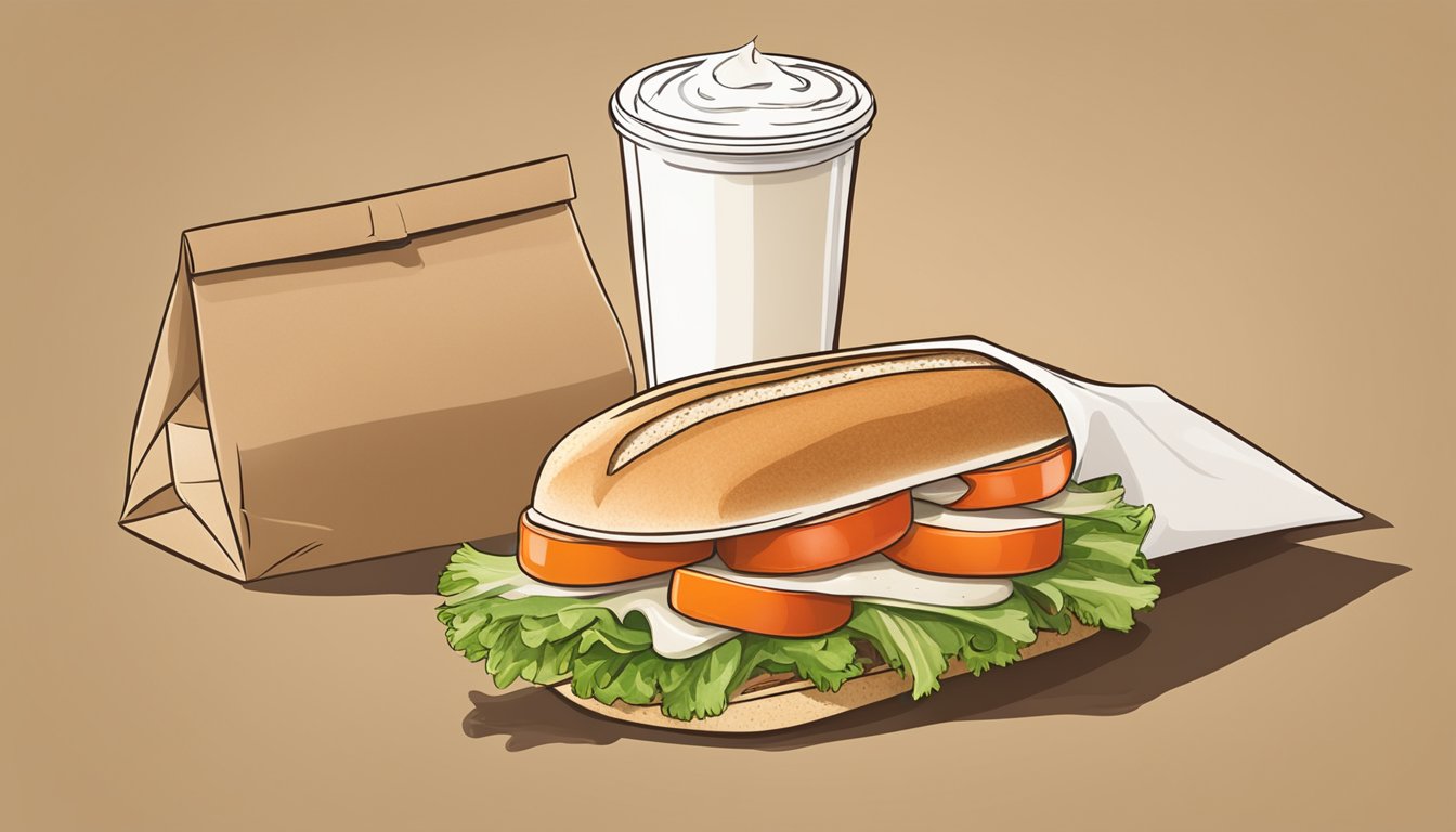 A whole grain turkey sandwich with lettuce and tomato, a side of carrot sticks, and a small container of low-sugar yogurt, all neatly packed in a brown paper bag